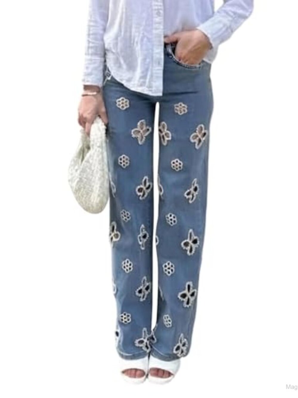 Women's Pearl Embellished Rhinestone High Waist Straight Leg Jeans